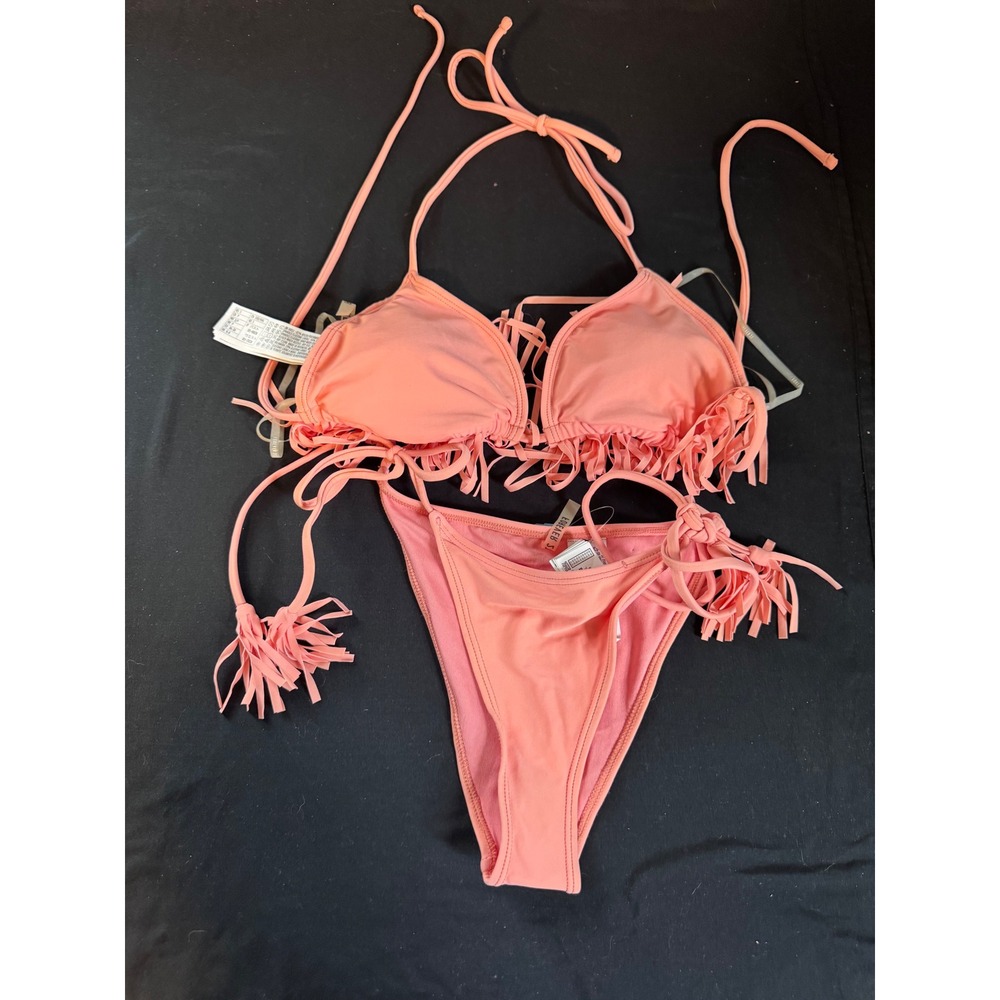 Forever 21 Coral Pink Fringe Triangle Bikini Set Two Piece Swimwear Small NWT